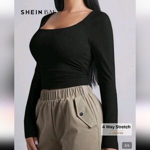 Shein Women Long Sleeve Stretch Ruched Black Top Size XS Winter Fall